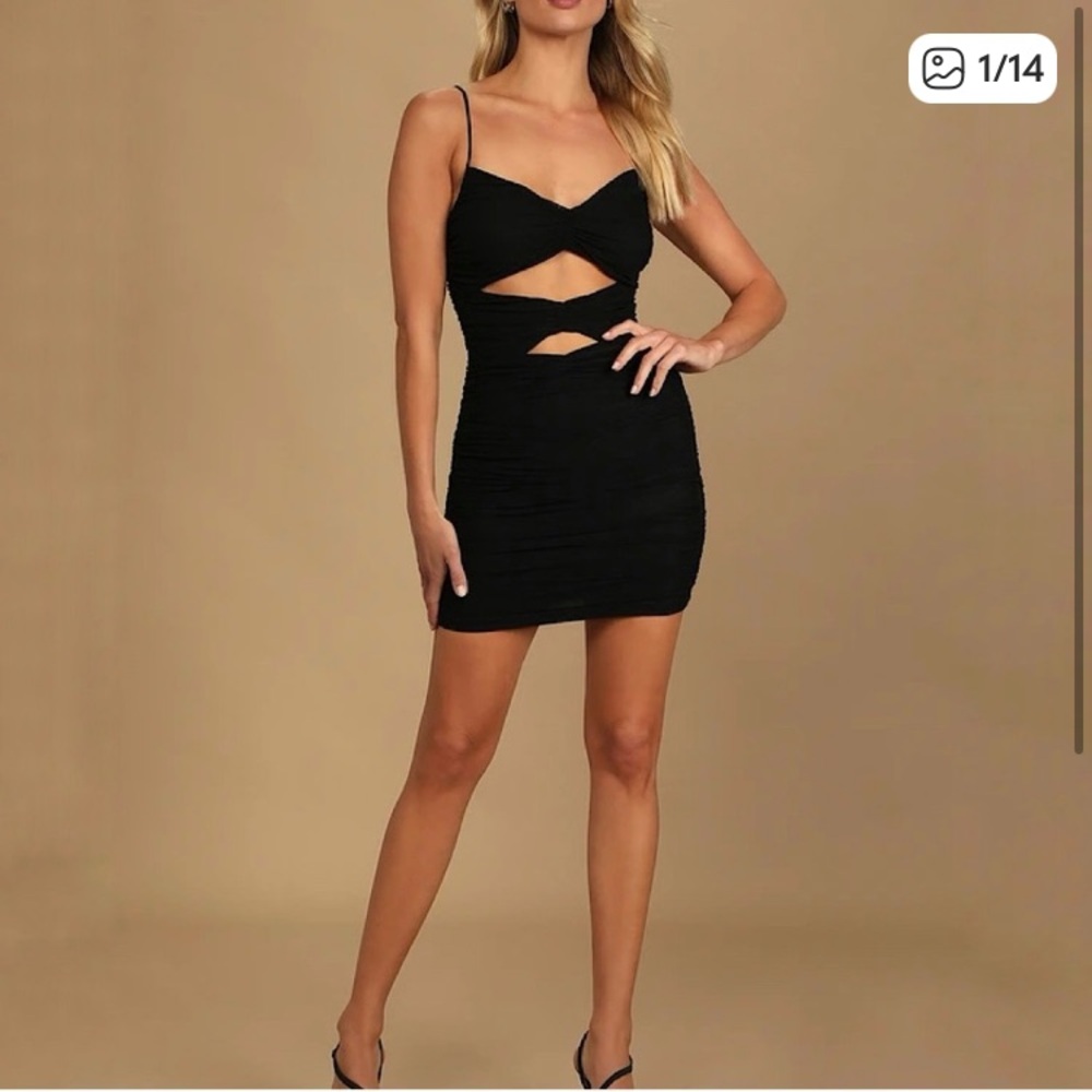 Lulus Spice Up The Night Black Mesh Ruched Cutout Bodycon Mini Dress Size XL